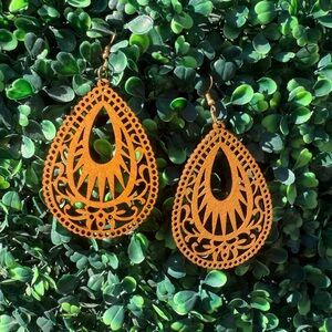 Artisan Wood Cutout Teardrop Earrings in Brown
